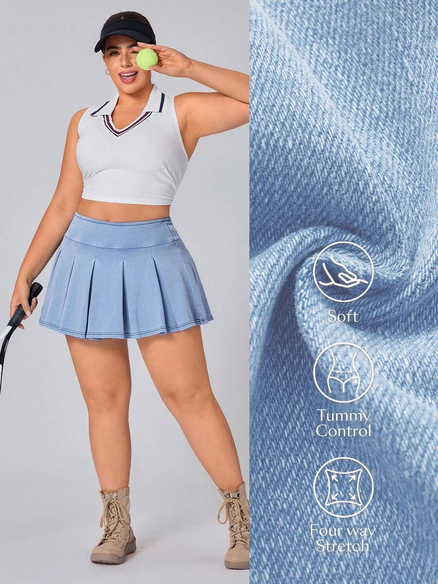 SHEIN Essnce Plus Size Women's Spring/Summer Knitted Denim Pleated Skirt With Shorts - Light Wash - View 1
