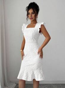 Elenzga 女士方领盖袖优雅提花通勤连衣裙，夏季 - 白色 - 查看 5