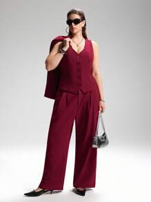 LYSMO 大码纯色有领背心和裤子套装 - 酒紅色 - 查看 6