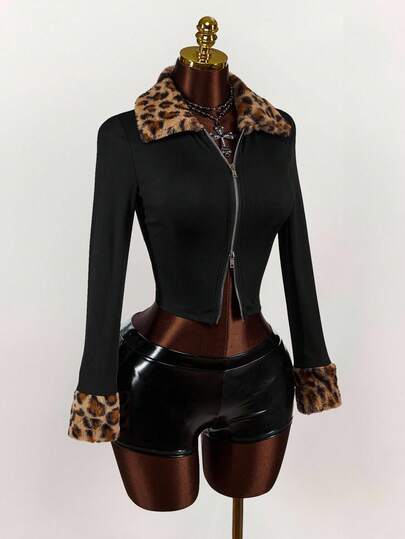 Amplova Women's Spring & Autumn Leopard Print Panel Fleece Lapel Long Sleeve Zip Front Fitted Jacket