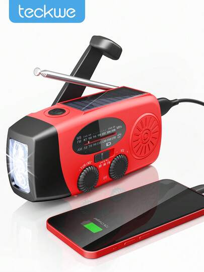 1 opwindradio, noodradio op zonne-energie met slinger,
AM/FM-dynamoradio met 2000 mAh-batterij, felle zaklamp voor noodgevallen en
buiten
