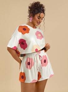 SHEIN VCAY Bộ đồ bơi 2 món cổ tròn rộng rãi họa tiết hoa nhiệt đới nhiều màu sắc dành cho nữ đi biển cỡ lớn - Màu be - Xem 1