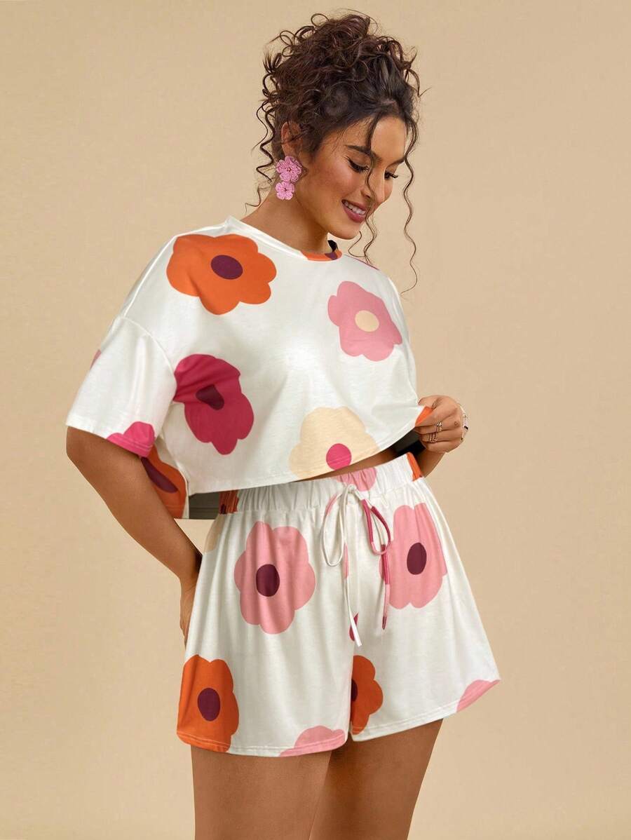 SHEIN VCAY Bộ đồ bơi 2 món cổ tròn rộng rãi họa tiết hoa nhiệt đới nhiều màu sắc dành cho nữ đi biển cỡ lớn - Màu be - Xem 1