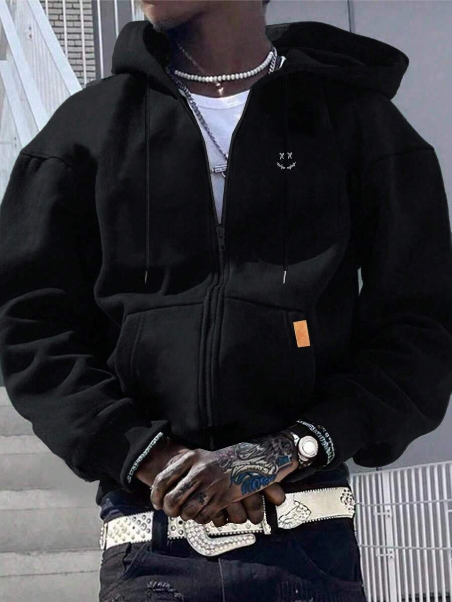 RueChic Sudadera con capucha de algodón para hombres con estampado de sonrisa y cierre regular