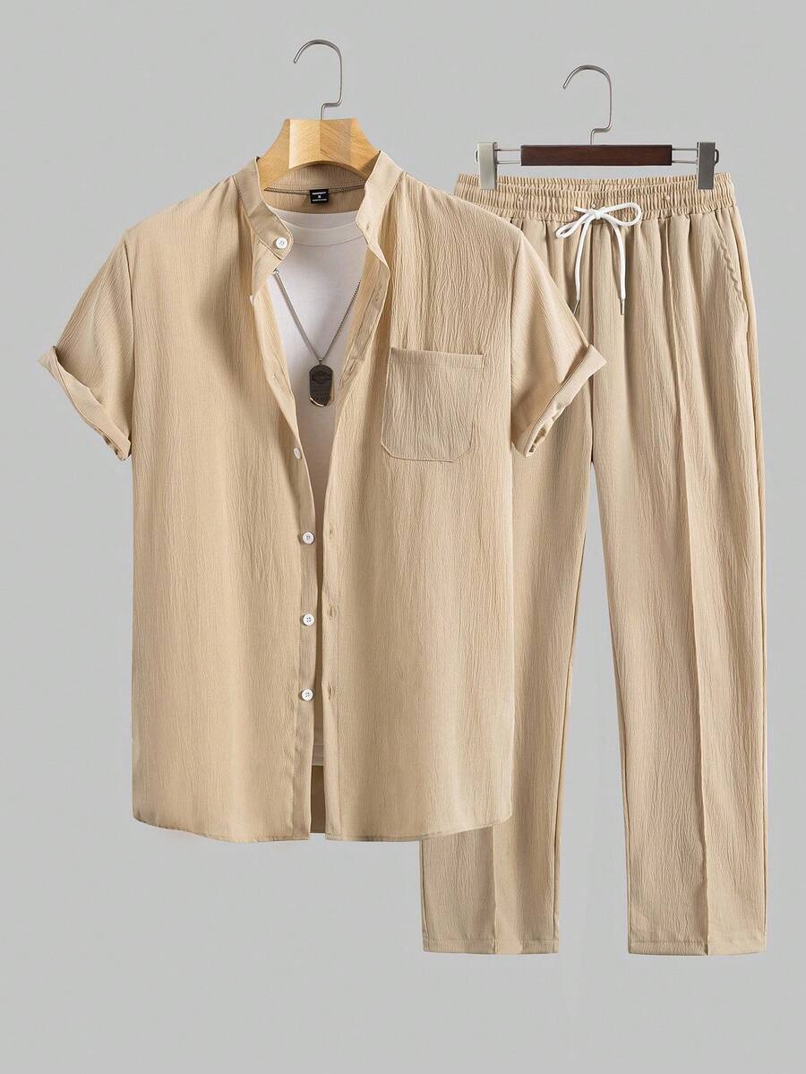 EGENSIO 男士立领短袖口袋衬衫和裤子套装两件套衬衫套装，舒适服装 - 卡其色 - 查看 1