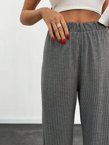 EURMUSE Casual Style, Shinny Rib Elasticated Belt Pant - Grey - View 5