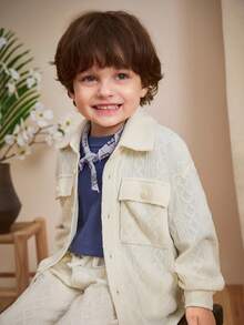 Loomiva 2pcs Young Boy Solid Color Knit Soft Collar Cardigan And Elastic Waist Pants Set Fall Winter - Beige - View 3