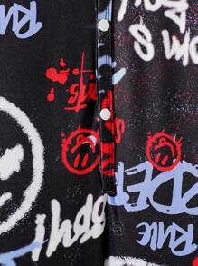 男士红蓝连帽连体裤，涂鸦笑脸元素，休闲街头个性夸张动感 - 黑色 - 查看 7