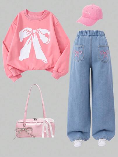 Set de 2 piezas de ropa informal para niñas preadolescentes - Sudadera con estampado de moño rosa intenso + Jeans de mezclilla azul desgastado con bordado de moño, lindo