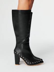 ROMWE Grunge Punk Botas de Salto Alto Femininas, Versáteis Elegantes de Bico Fino Moda PU Salto Grosso, Outono/Inverno - Preto - Visão 4