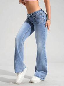 SHEIN PETITE Women's Pocket Flared Casual Versatile Denim Jeans