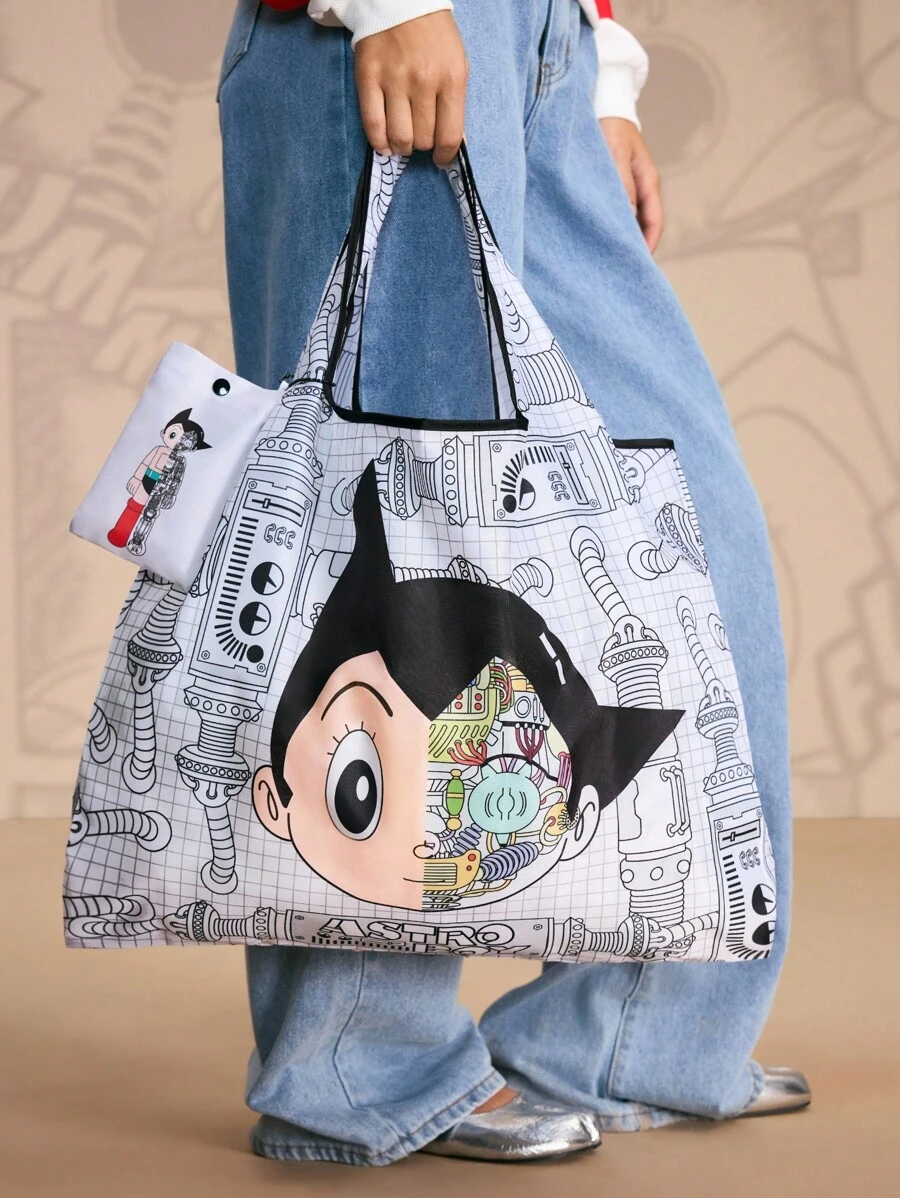 Astro Boy X SHEIN 1 pièce Sac de courses pliable avec motif de personnage de dessin animé mignon, sac fourre-tout avec pochette amovible avec chaîne de perles, peut être accroché aux sacs - Multicolore - Voir 1