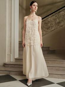 Anewsta 女式优雅长款杏色修身重珠花卉吊带裙 - 杏色 - 查看 3