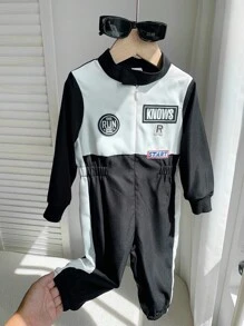 Quần liền quần thể thao thoải mái, màu sắc tương phản, phong cách phi công/tay đua, dành cho bé trai/bé gái mùa thu/đông - Đen và trắng - Xem 3