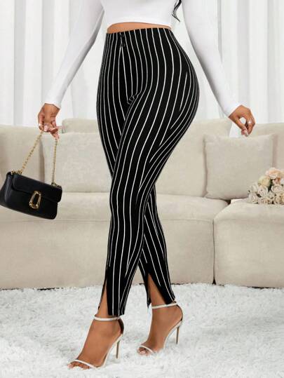 SHEIN Lady Pantalones casuales ceñidos con diseño de cintura con botones y cintura elástica para mujer
