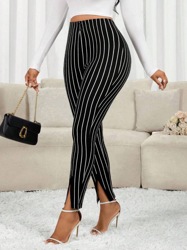 SHEIN Lady Pantalones casuales ceñidos con diseño de cintura con botones y cintura elástica para mujer