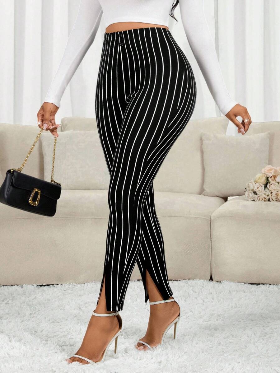 SHEIN Lady 女式纽扣腰设计松紧腰紧身休闲裤 - 彩色 - 查看 1