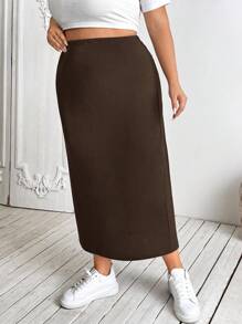 SHEIN CURVE+ 大码女式黑色针织弹力紧身及膝裙 - 棕色 - 查看 4
