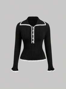 SHEIN MOD Plus Size Black Polo Collar Button Front Wavy Trim Contrast Color Cuff Elegant Long Sleeve Dress Autumn Winter Clothes For Women - Black and White - View 5
