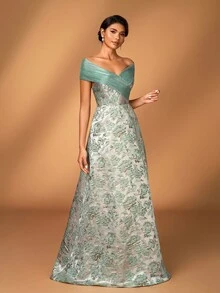 Serin 优雅奢华露肩提花缎面褶皱欧根纱褶皱 A 字裙，适合婚礼、活动、单身派对、度假、庆典、新娘母亲礼服 - 綠色 - 查看 6