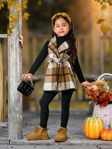 Emery Rose Kids Emery Rose Kids 3pcs/Set Young Girls Urban Fashion Plaid Jacket, Long Sleeve T-Shirt, Pants Set, Suitable For Casual Outings, Parties, Vacations And Other Occasions, Autumn/Winter Toddler Girl Birthday Girl Mommy And Me Matching Halloween Back To School Pink Autumn Fall Sister, Halloween Girls Checkered Outfit Girl Fall Winter Clothes Girls Fall Outfit Sets Girls Plaid Set Two Piece Kids Set Plaid Kids Winter Dresses - Khaki - View 19