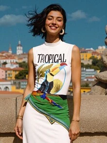 CAJUNI Semi-Sheer Stand Collar Maxi Dress In White With Colorful Tropical Design And Soft Fabric- Toucan Dress - White - View 5