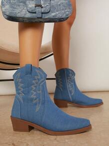 SHUZIA Embroidered Side Zipper Western Boots - Blue - View 4