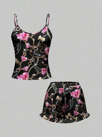 J-Fashion Rosa Herz + Diamantkette + Strass-Text Allover-Muster Trägerhemd & Shorts Pyjama Set, Lässig Nachtwäsche