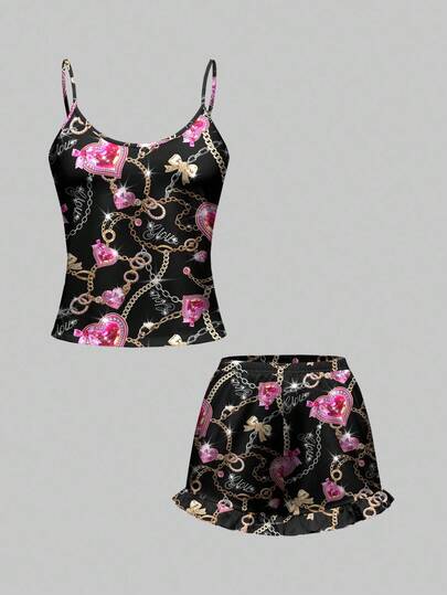 J-Fashion Ensemble pyjama camisole et short avec imprimé cœur rose + chaîne de diamants + texte strass sur tout le vêtement, vêtement de nuit décontracté