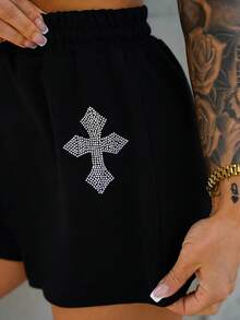 SAYEHFBABY Basic Knit Stretchy Cross & Rhinestone Decor Cami Top And Shorts Set For Women, School