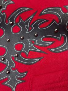 ROMWE MEN Street Life Men's Retro Printed Studded Decor Hoodie Sweatshirt , Fall Winter - Red - View 4