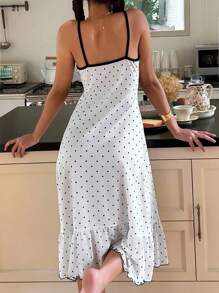 ZzzCrew 柔软触感针织睡裙，设计飘逸，中长款，舒适波尔卡圆点连衣裙，女士睡袍，夏季睡袍，细肩带睡袍，蕾丝边睡袍 - 白色 - 查看 6