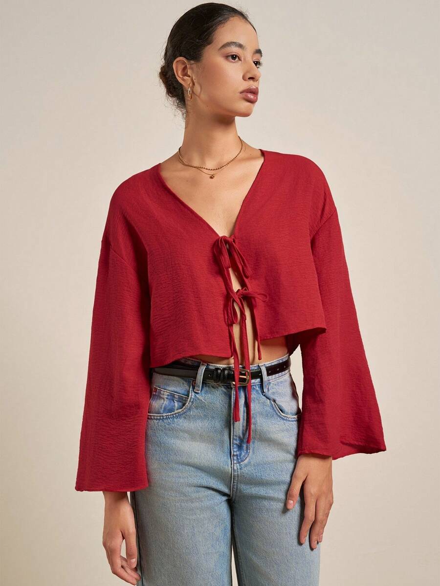 Airaco Camisa de mujer de manga larga roja con nudo delantero, primavera - Rojo - Ver 1
