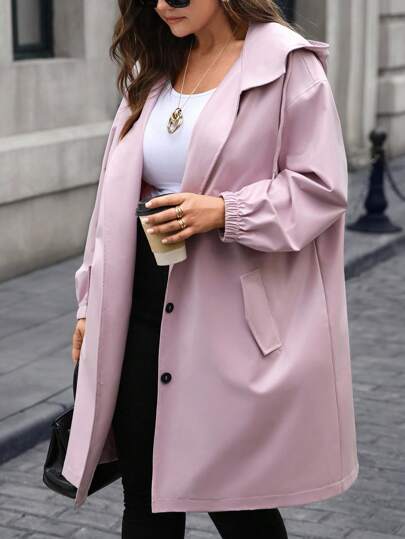 EMERY ROSE Plus Size Women's Autumn Casual Solid Color Long Sleeve Pockets Zip-Up  Casual Pink Hooded Jacket,Lightweight Hooded Trench Coat With Pockets, Fall Women Clothes,Fall,Winter Clothes For Women,Vintage,Going Out Outfits,Fall Clothes For Women,Fall Outfits,Winter Jacket,Trench Coat,Winter Jacket For Women,2025 New