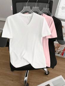 SHEIN Tricou de vară cu mânecă scurtă, culoare solidă, cu decolteu în V, mărime mare