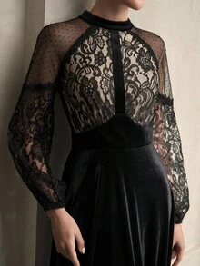 ZEYLAH Lace Patchwork Velvet Long Sleeve Dress, Autumn/Winter - Black - View 2