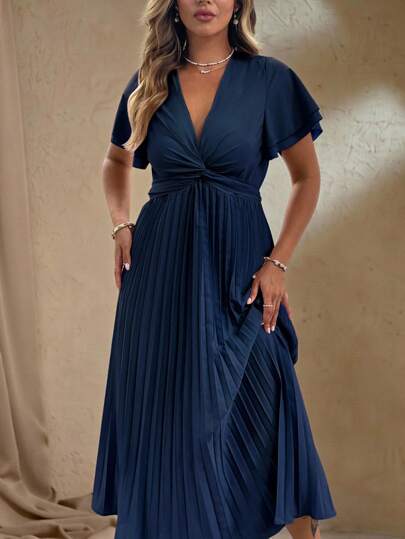 Roveilla Plus Size Women Elegant V-Neck Short Sleeve Empire Waist Pleated Swing Dress Women Casual Dress Women Dresses Birthday Women Birthday Outfit Women Summer Clothing Work Summer Dresses