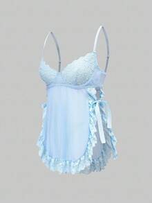 ROMWE Kawaii Lace Romantic Floral Trim Mesh Underwire Sexy Dress & G-String Lingerie Set - Baby Blue - View 5