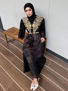 DAZY 优雅花卉亮片装饰V领中长连衣裙，女士端庄时尚之选 - 黑色 - 查看 6