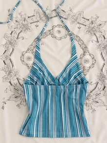 INAWLY Women's Vacation Striped Casual Versatile Halter Neck Tank Top - Baby Blue - View 2