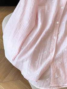 SHEIN 女式时尚宽松薄款露背系带长袖大码衬衫，春夏 - 淺粉色 - 查看 5