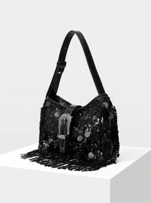 MOTF PREMIUM PU 皮革流苏细节单肩包 - 黑色 - 查看 3