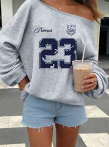 SHEIN EZwear 浅灰色女士不对称肩部23徽章字母印花宽松休闲长袖卫衣，适合秋冬街头风格、Y2K、机场 - 淺灰色 - 查看 9