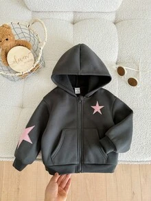 Back To School Baby Girl Gray & Pink Star Print Contrast Color Knit Hoodie Sweatshirt, Loose Fit Thermal Lined Casual Sweatshirt For Autumn/Winter Fall