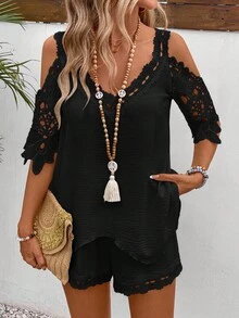 EMERY ROSE 2pcs Vacation Casual Solid Color Lace Patchwork Off-Shoulder Shirt & Shorts Set