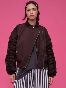COUREZ Ruched Asymmetric Bomber Jacket /Y2K Going Out Women Cute Spring Going Out Tops Tops Spring For Women Gothic - Chocolate Brown - View 2