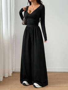 Flirla Women's V-Neck Solid Color Fitted Long Sleeve Pleated Jumpsuit