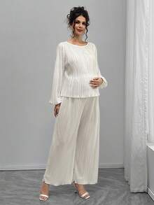 SHEIN Bộ đồ bà bầu đơn giản, áo tay loe màu trơn và quần cạp điều chỉnh - Màu be - Xem 3