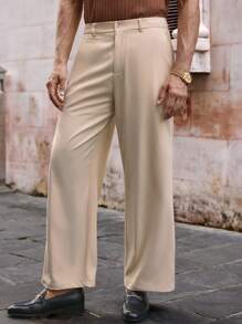 HIMLAND Men's Casual Woven Mid-Waist Wide Leg Pants, Suitable For Daily Wear Beige Pants For Men Men Flared Pants With Split Sides Men Flared Dress Pants Western Pants, For Fall, Old Money