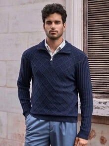 Manfinity VCAY Suéter masculino texturizado de cor sólida, caimento solto, fecho de meio zíper, suéter azul marinho outono/inverno, suéter masculino de malha, suéter masculino com zíper de um quarto, roupa casual masculina, moda masculina - Azul marinho - Ver 3